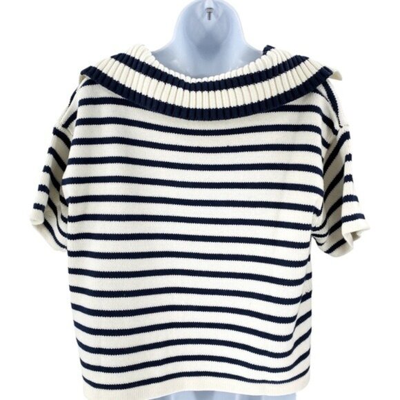 Tuckernuck NEW Ivory and Navy Stripe Claire Nautical Polo Crop Sweater Size L - Picture 7 of 10